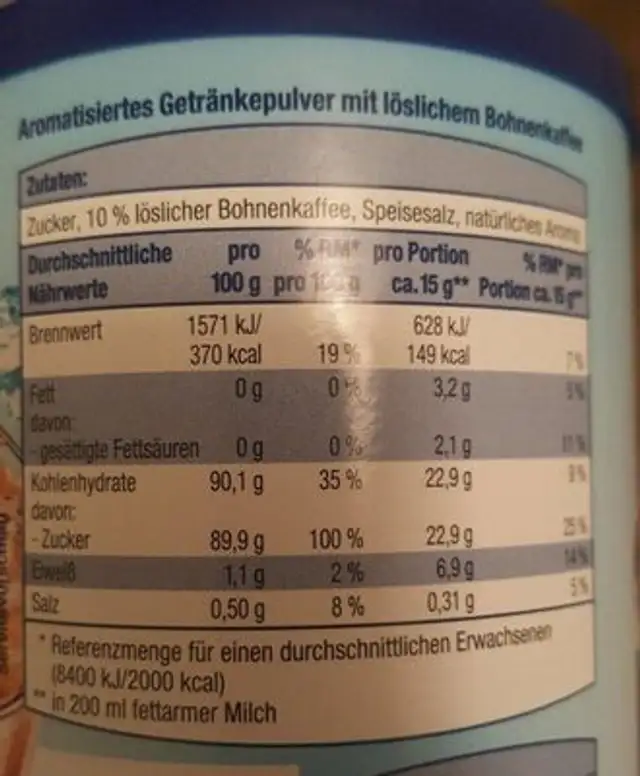 Eiskaffee Maxima, Classic nutrition facts table