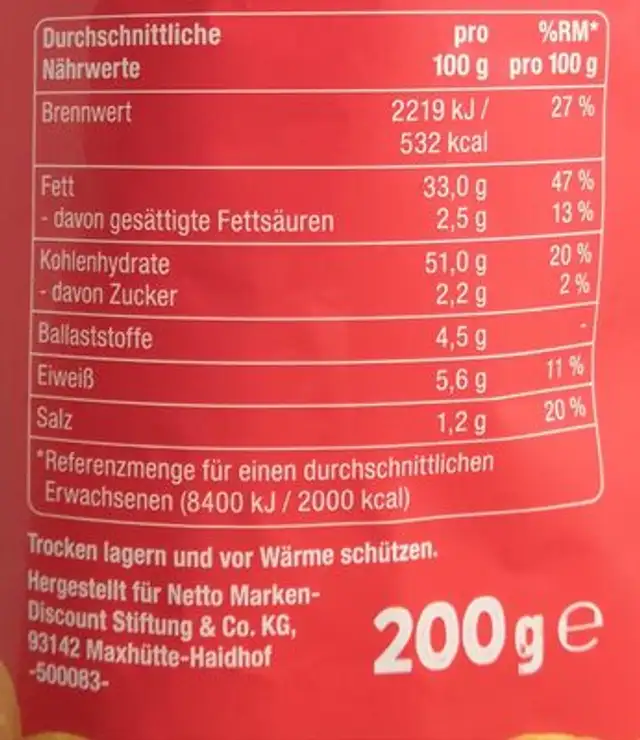 Chips Paprika nutrition facts table