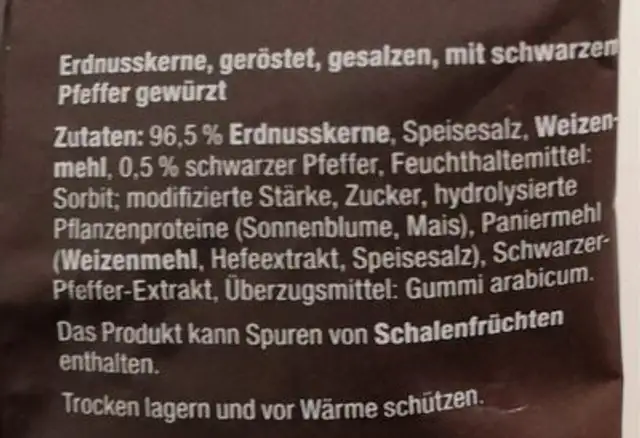 Erdnüsse Black Pepper ingredients label