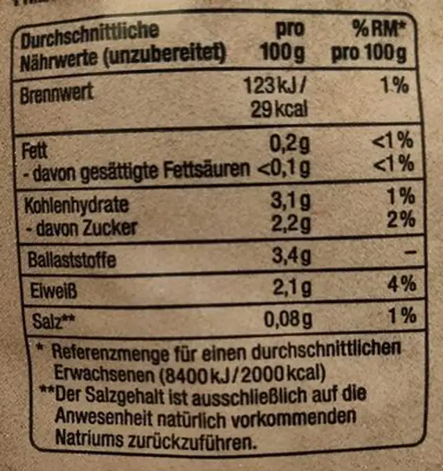 Prinzess-Bohnen, tiefgefroren nutrition facts table