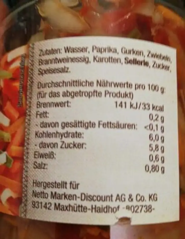 Puszta-Salat nutrition facts table
