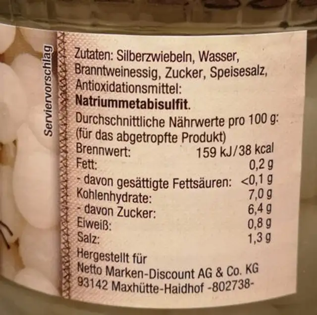 Silberzwiebeln ingredients label