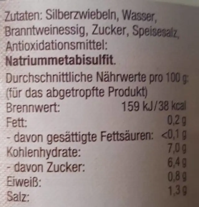 Silberzwiebeln nutrition facts table