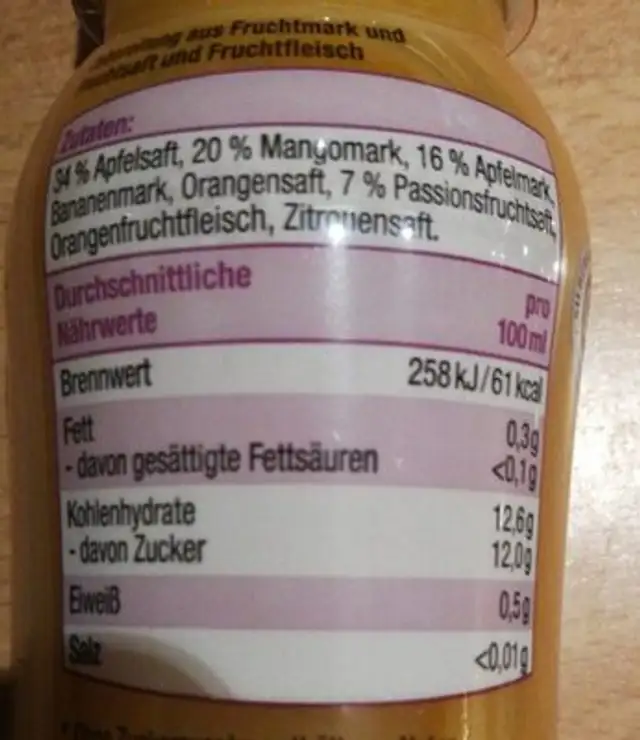 Smoothie nutrition facts table