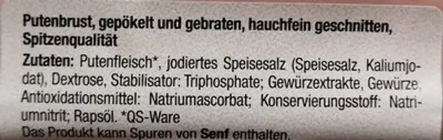 Putenbrust ingredients label