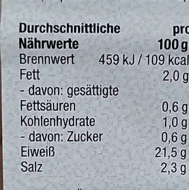 Putenbrust nutrition facts table