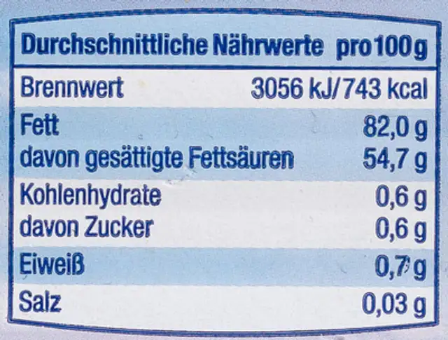 Deutsche Markenbutter Süßrahm nutrition facts table