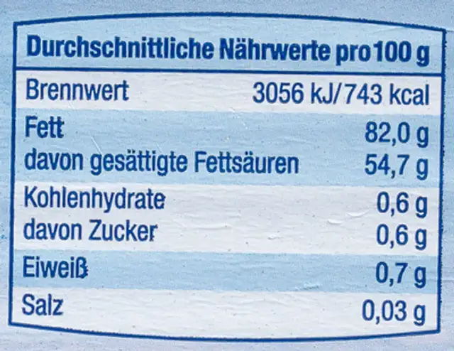 Deutsche Markenbutter mildgesäuert nutrition facts table