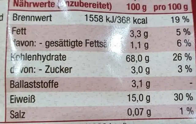 Nudeln Spaghetti (Albhof) nutrition facts table