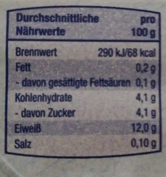 Speisequark, 0,2 % Fett nutrition facts table