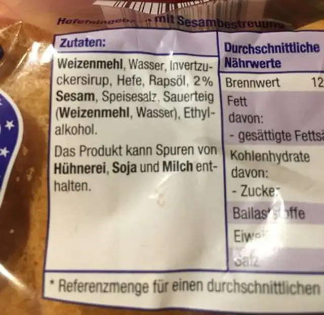 XXL Hamburger Buns ingredients label