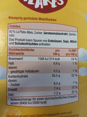 Cornflakes ingredients label