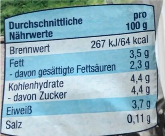 Joghurt mild nutrition facts table