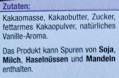 Schweizer Edel-Zartbitterschokolade ingredients label