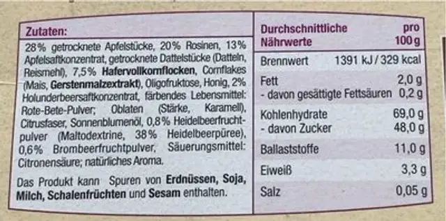 ObstZeit nutrition facts table