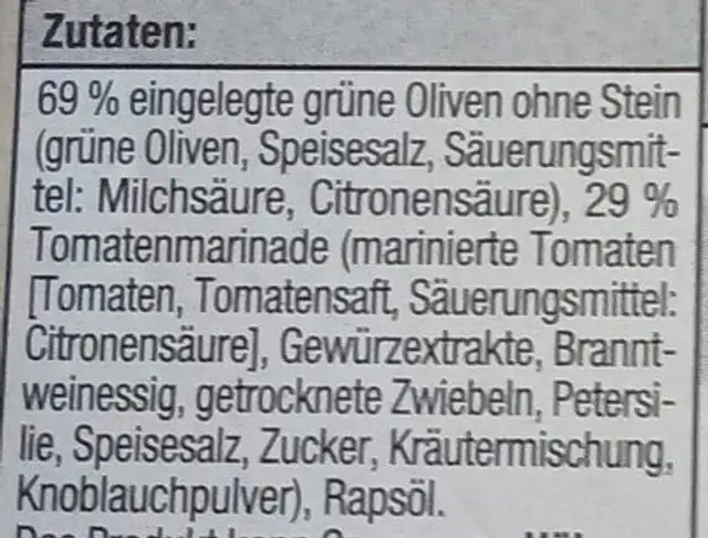 Grüne Oliven - Tomate ingredients label