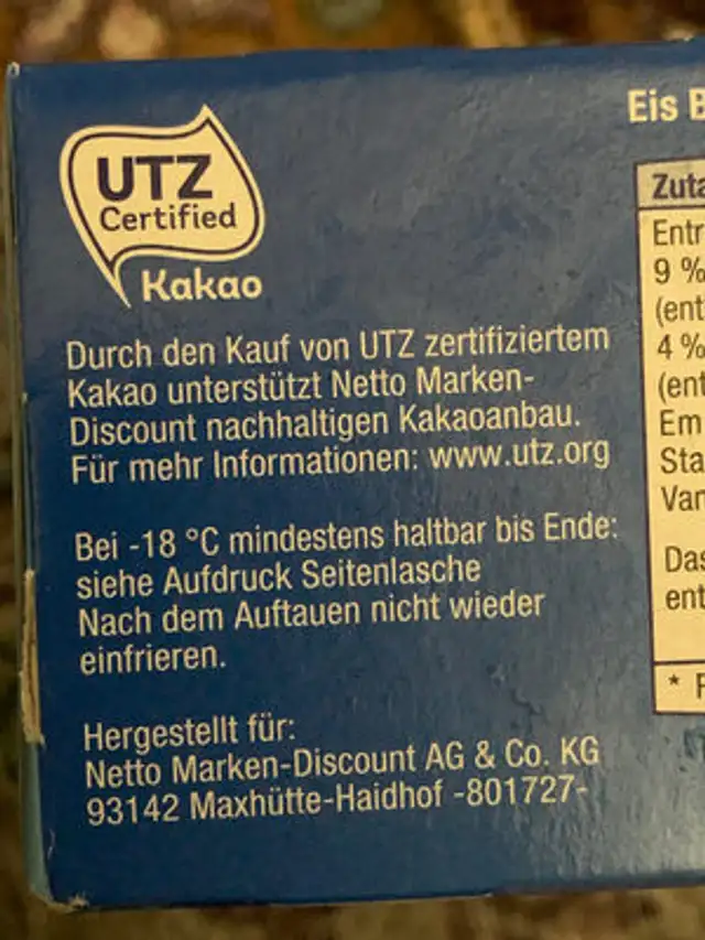 Sandwich Eis ingredients label