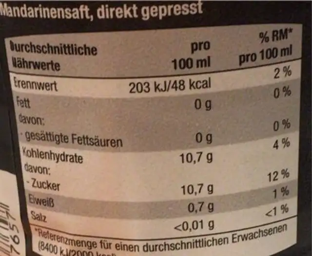 Direktsaft Mandarine nutrition facts table