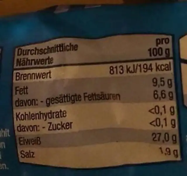 Limburger nutrition facts table