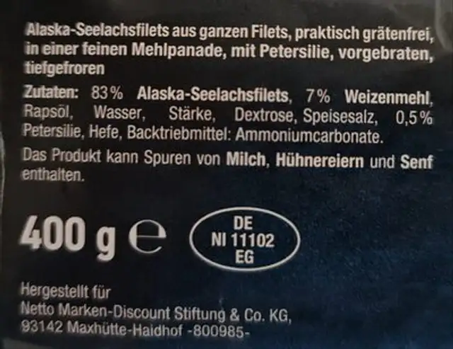 Alaska-Seelachsfilets - Müllerin Art ingredients label