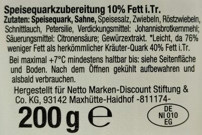 Kräuterquark 10 % Fett ingredients label