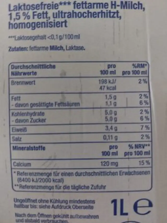 H-Milch Laktosefrei nutrition facts table