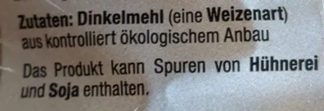 Penne Dinkel ingredients label