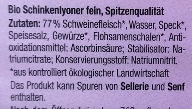 Bio-Schinkenlyoner ingredients label