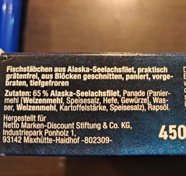 Fischstäbchen ingredients label