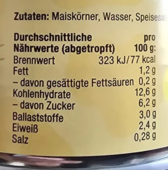 Sonnenmais ingredients label