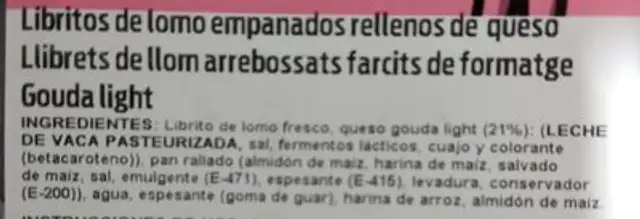 Libritos de lomo empanados rellenos de queso nutrition facts table