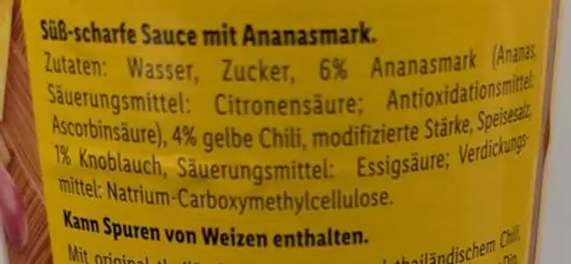 Sweet Chili Sauce ingredients label