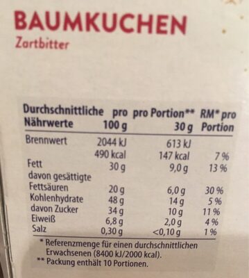 Baumkuchen Zartbitter nutrition facts table