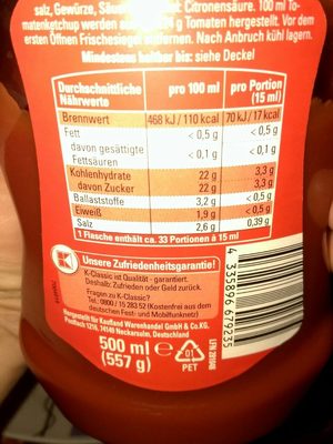 Tomaten Ketchup nutrition facts table