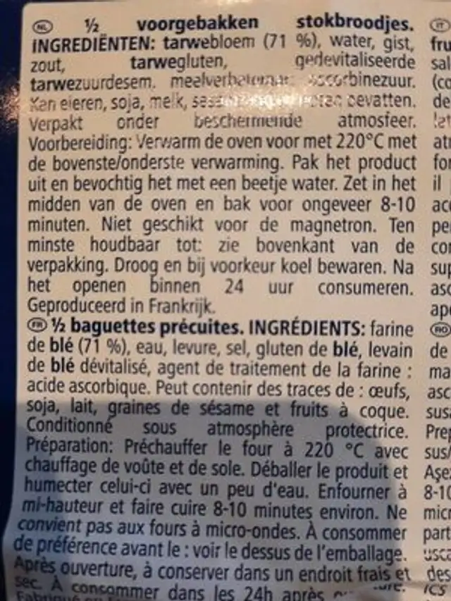 Baguettes pré cuites nutrition facts table