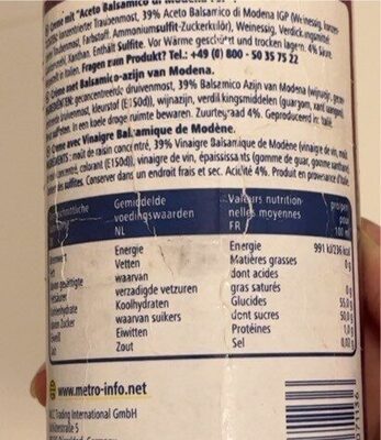 Crema Balsamico nutrition facts table
