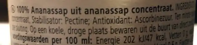 Pineapple juice ingredients label