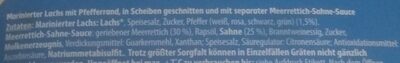 Marinierter Lachs mit Pfefferrand und Meerrettich Soße ingredients label