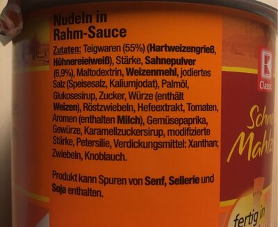 Nudeln in Rahmsauce ingredients label