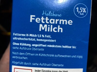 Haltbare Fettarme Milch ingredients label