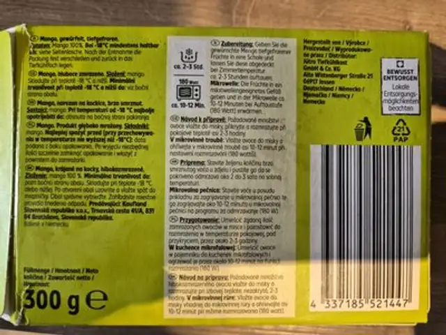Mango tiefgefroren ingredients label