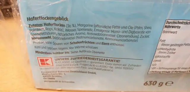 Schwedisches Haferflocken Gebäck ingredients label