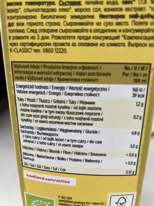 K-take it veggie Organic Oats Vanilla Drink nutrition facts table