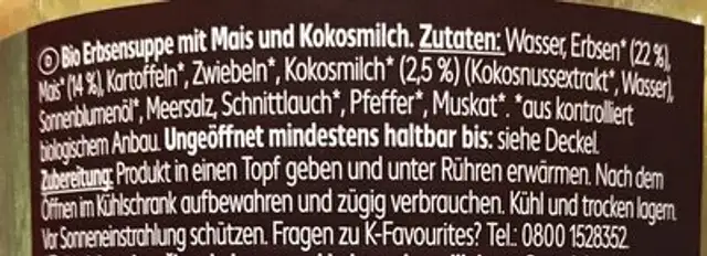 Erbsensuppe ingredients label