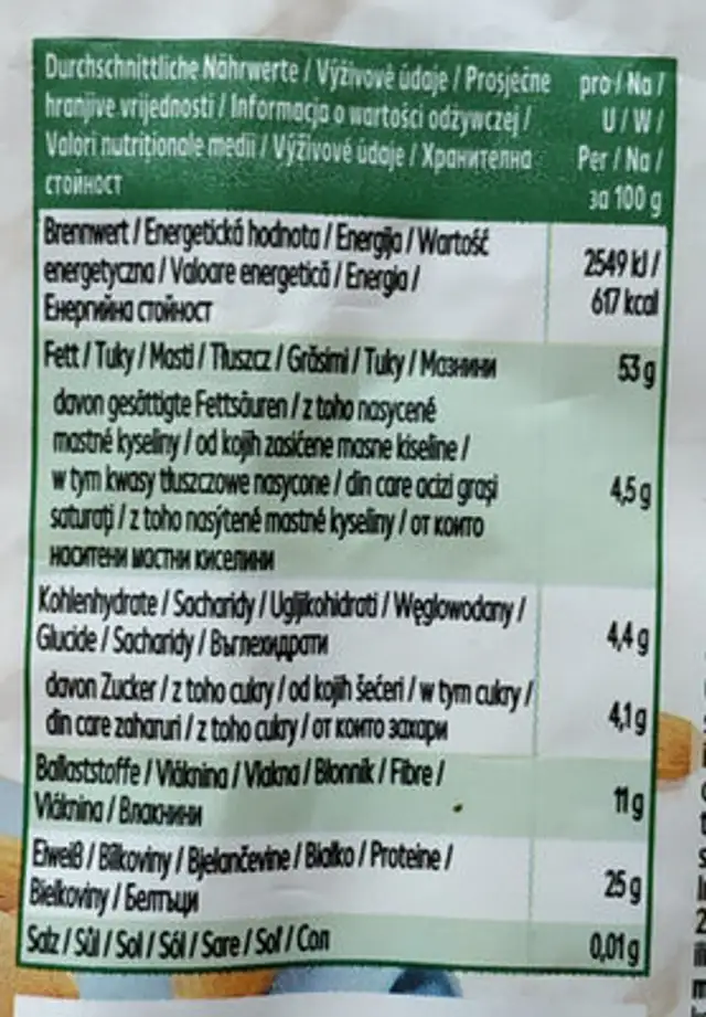 Mandeln nutrition facts table
