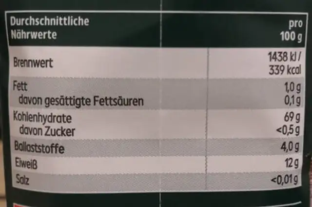 Pizzamehl nutrition facts table