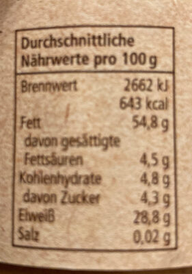 Mandelmus nutrition facts table