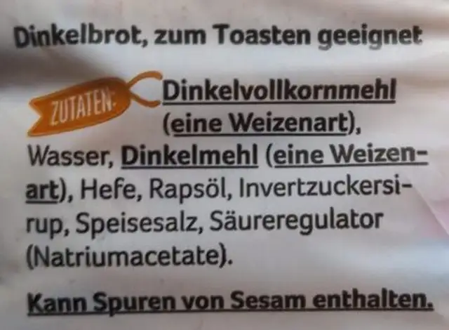 Dinkel Sandwich ingredients label