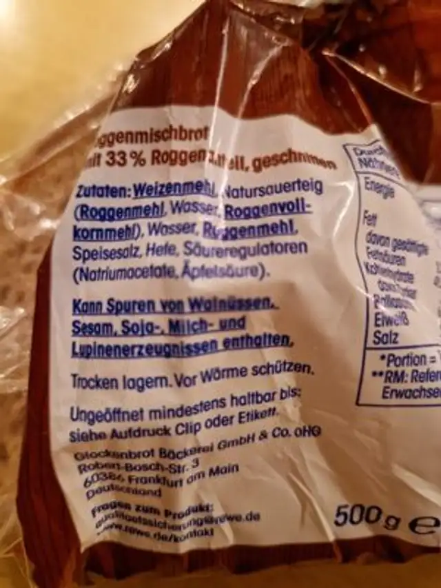 Bauernbrot kräftig ingredients label