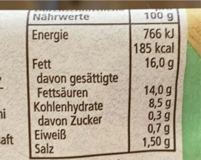 Bio Vegan Mozzarisella nutrition facts table